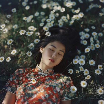 a young chineese woman leing calm on the grass in spring