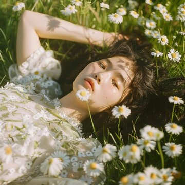 a young chineese woman leing calm on the grass in spring