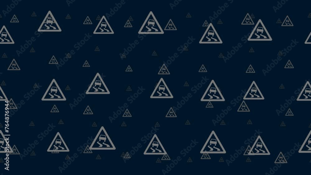 Poster slippery road signs float horizontally from left to right. parallax fly effect. floating symbols are