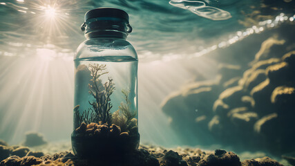 Jar  filled with reef  on the ocean floor - obrazy, fototapety, plakaty
