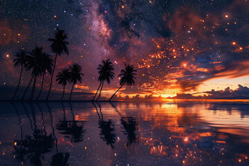 Galactic Shoreline, Sunset and Stars Reflecting on Calm Waters with Silhouetted Palms