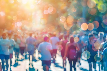 Group of people participating in charity walkrun event with World Health Day bokeh background....