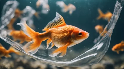 Fotobehang goldfish in  in clear plastic bag in aquarium © ElifRana