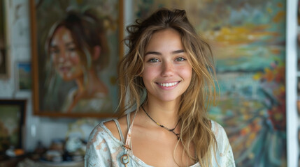 Happy artist young woman standing in own art workshop.