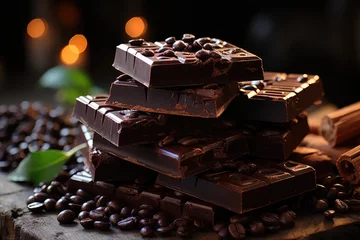 Foto op Plexiglas anti-reflex Dark chocolate bars with cocoa grains on the wooden table, generative IA © Gabriel