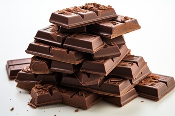 Dark chocolate bars isolated in the white background. Pile of chocolate pieces, cl, generative IA