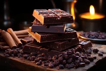 Rolgordijnen Dark chocolate bars with cocoa grains on the wooden table, generative IA © Gabriel