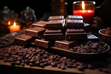 Afwasbaar fotobehang Dark chocolate bars with cocoa grains on the wooden table, generative IA © Gabriel