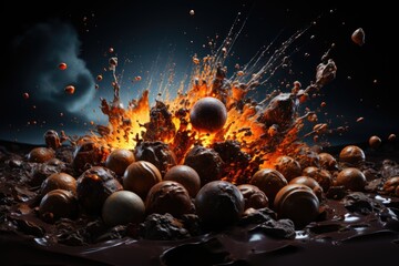 Bombons in the middle of the massive explosion of dark chocolate, particles and sp, generative IA - obrazy, fototapety, plakaty