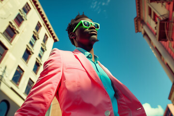 Stylish man in a vibrant pink blazer and green sunglasses looking confidently up. Captures modern urban fashion and self-expression.