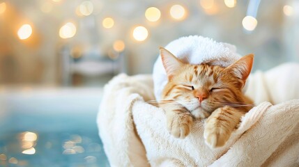Domestic ginger tabby cat wrapped in a white towel, enjoying a peaceful spa experience with soft, warm lights in the background