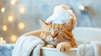 Domestic ginger tabby cat wrapped in a white towel, enjoying a peaceful spa experience with soft, warm lights in the background