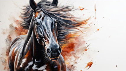 oil painting with a portrait of a beautiful brown stallion on a gray background. the head of a powerful horse is drawn with large strokes - 764878999