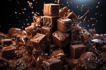 Closeup chocolate cubes falling isolated in the 3D illustration of white backgroun, generative IA