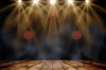 illustration of concert spot lighting over dark background and wood floor. generative ai.