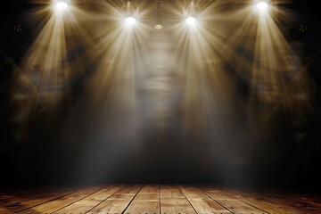 illustration of concert spot lighting over dark background and wood floor. generative ai. - obrazy, fototapety, plakaty