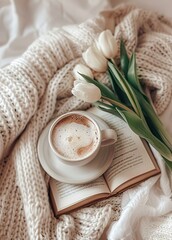 Obraz na płótnie Canvas Cozy day: warm knitted blanket, aromatic coffee, fresh tulips and a fascinating book that conveys the essence of relaxation and leisure