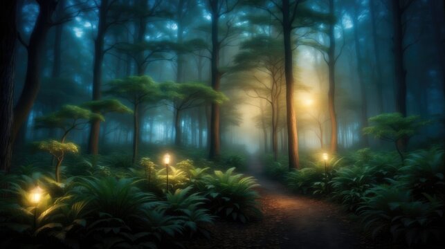 a painting of a forest with a path leading to the woods