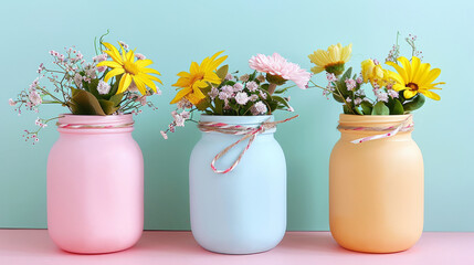 Easter jars in pastel colors with spring flowers are wrapped in twine. Home decor.