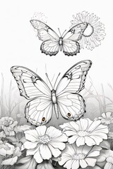 Butterflies and flowers on a white background. Vector illustration.