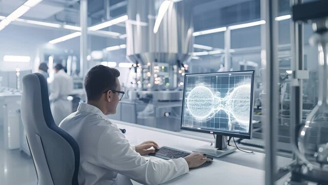 A man is sitting at a computer in a lab. He is wearing a white lab coat and glasses. The computer screen shows a complex image of a cell. The lab is filled with various scientific equipment