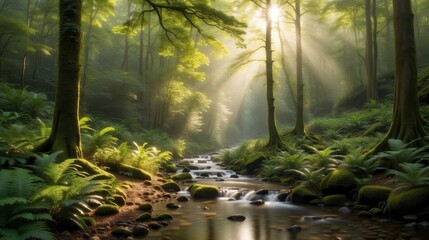 Enchanted Morning: Sunlight Filtering Through an Autumn Forest Stream