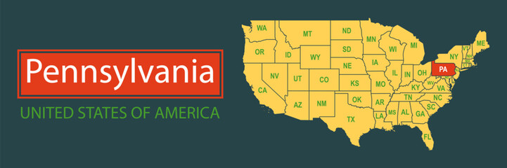 Banner, highlighting the boundaries of the state of Pennsylvania on the map of the United States of America. Vector map borders of the USA Pennsylvania state.