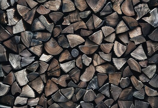 Close-up of stacked firewood highlighting the natural patterns and textures of cut wood logs