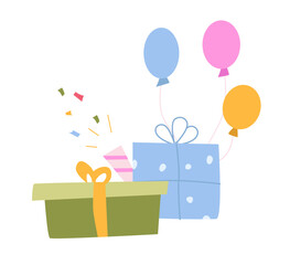 Birthday Party. Gift boxes, Festive Presents, Surprises, Balloons. Flat Vector Illustration Isolated on White Background.