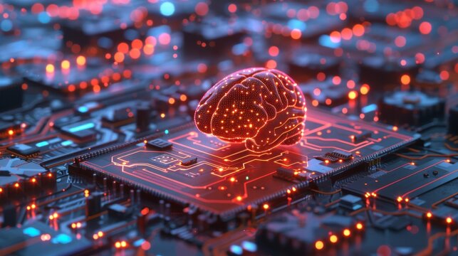 Visualization of a brain-like digital circuitry layout,  emphasizing the potential for AI to emulate human-like intelligence in computational tasks.