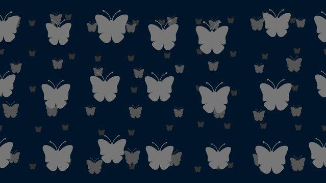 Butterfly symbols float horizontally from left to right. Parallax fly effect. Floating symbols are located randomly. Seamless looped 4k animation on dark blue background