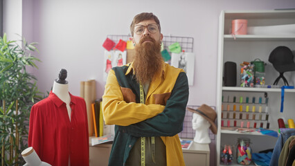 Redheaded bearded man with glasses posing confidently in a colorful tailor shop surrounded by mannequins and sewing paraphernalia. - obrazy, fototapety, plakaty