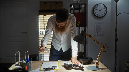 Redheaded man with beard examines documents in a detective's office, showcasing investigation equipment.