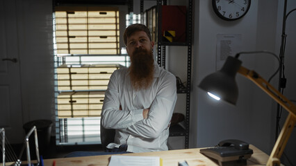 Bearded man with arms crossed stands in a dimly lit detective's office with filing cabinets, clock, and desk.