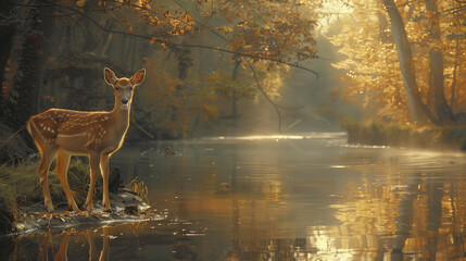 A fawn stands by a gently flowing river, surrounded by the rich colors of autumn leaves, with the morning sun casting a golden light through the mist. Fawn by Autumnal River in Morning Light.