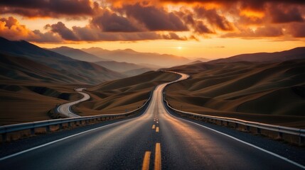 Sunset Journey: Winding Road Through Golden Rolling Hills - obrazy, fototapety, plakaty