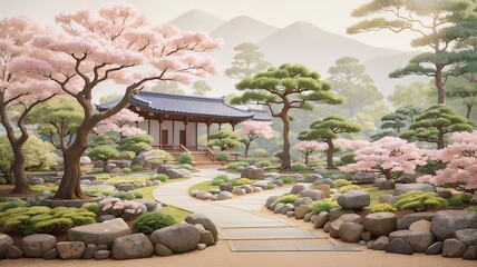 japanese garden with flowers and trees