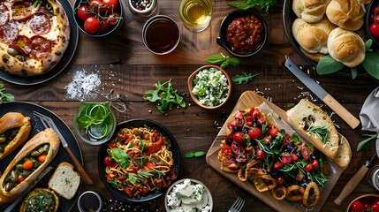This delectable spread of homemade Italian cuisine, including a fragrant pizza, fresh salad, and an array of tempting sides, is a mouthwatering feast - obrazy, fototapety, plakaty