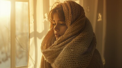 Solitary figure wrapped in scarf battles cold in softly lit room - obrazy, fototapety, plakaty