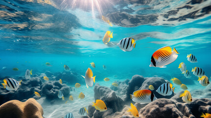 Underwater Scene with Tropical Fish and Coral Reefs in Crystal Clear Sea
