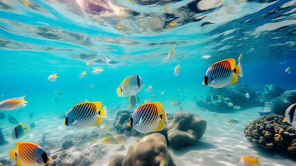 Fototapeta na wymiar Underwater Scene with Tropical Fish and Coral Reefs in Crystal Clear Sea 