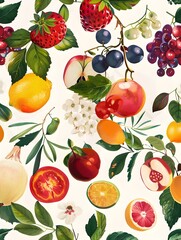 Vibrant Assortment of Freshly Picked Fruits and Vegetables Forming a Bountiful Floral Pattern