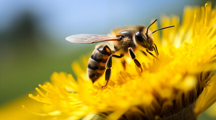 Close-Up of Honeybee Pollinating Vibrant Yellow Flower in Springtime
