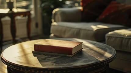 A solitary red book catches the soft sunlight on a round coffee table, adding warmth to a cozy living space.