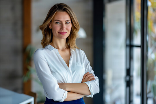 middle age caucasian attractive business woman, working while looking standing at office or restaurant happy smile confident wear white shirt waist up copy space front view portrait