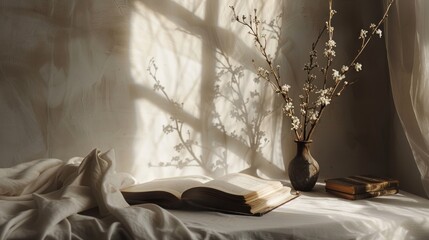 Ethereal light casts shadows through blooming branches on vintage books laid upon an elegant linen backdrop.