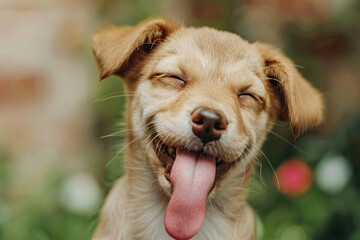 Funny hungry puppy dog licking its nose with tongue out and winking one eye closed - obrazy, fototapety, plakaty