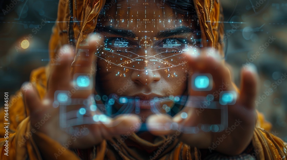 Poster The use of holograms by Arabs is a futuristic concept. A user interface uses graphics and holograms.