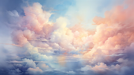 In the watercolor illustration, fluffy white clouds fill the blue sky, with subtle gradients and soft edges.