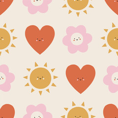 Vector seamless pattern with cute cartoon smiling sun, flower and heart. Cute childish endless pattern for holiday design, Valentines day, fabric. Lovely kids background in flat style